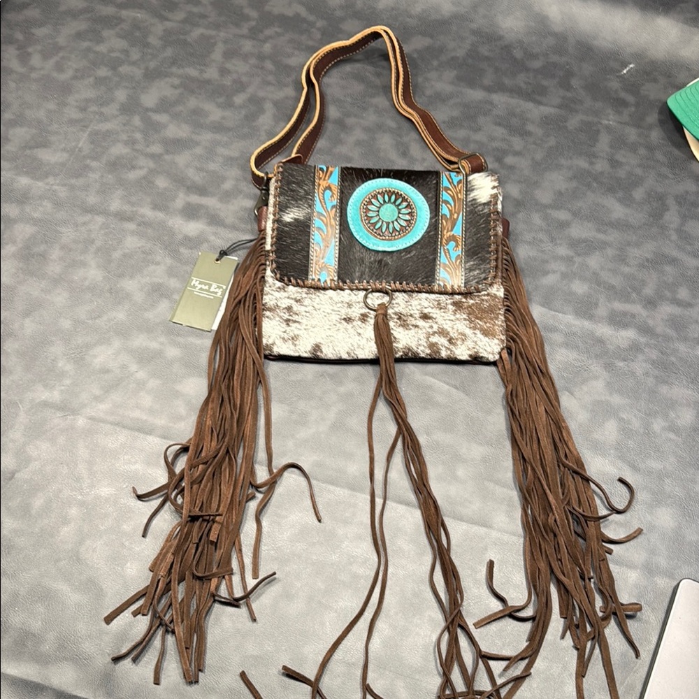 Myra Bag Brown and Turquoise Crossbody with Fringe